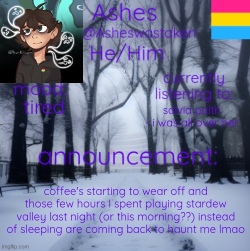 at least I'll be able to sleep for christmas | tired; salvia palth - i was all over her; coffee's starting to wear off and those few hours I spent playing stardew valley last night (or this morning??) instead of sleeping are coming back to haunt me lmao | image tagged in ashes' template | made w/ Imgflip meme maker