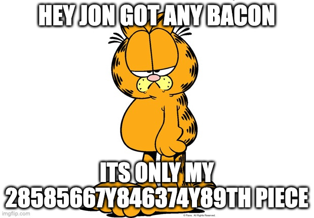 Grumpy Garfield | HEY JON GOT ANY BACON; ITS ONLY MY 28585667Y846374Y89TH PIECE | image tagged in grumpy garfield | made w/ Imgflip meme maker