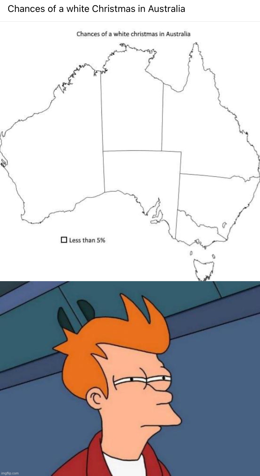 Not sure if for this map they could have, I don’t know, used any color but white | image tagged in chances of a white christmas in australia,memes,futurama fry,white christmas,christmas,meanwhile in australia | made w/ Imgflip meme maker