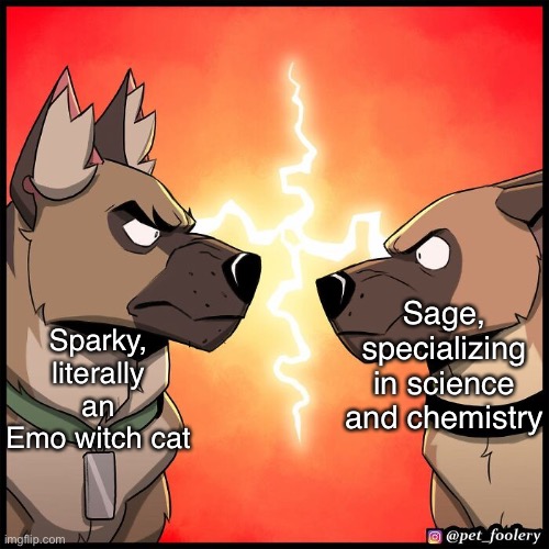 Oop- | Sage, specializing in science and chemistry; Sparky, literally an Emo witch cat | image tagged in dexter and brutus | made w/ Imgflip meme maker