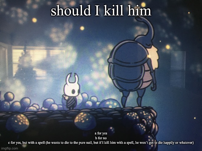 should I kill him; a for yes
b for no
c for yes, but with a spell (he wants to die to the pure nail, but if I kill him with a spell, he won’t get to die happily or whatever) | made w/ Imgflip meme maker