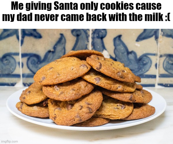 :( | Me giving Santa only cookies cause my dad never came back with the milk :( | image tagged in memes,christmas | made w/ Imgflip meme maker