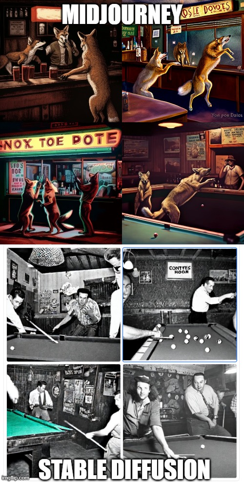 Three Coyotes Playing Pool in a 1940s San Jose, CA Dive Bar (2022) | MIDJOURNEY; STABLE DIFFUSION | image tagged in midjourney vs stable diffusion,midjourney,stable diffusion | made w/ Imgflip meme maker