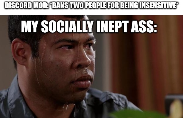 Ò-Ó | DISCORD MOD: *BANS TWO PEOPLE FOR BEING INSENSITIVE*; MY SOCIALLY INEPT ASS: | image tagged in sweating bullets,discord,discord moderator | made w/ Imgflip meme maker