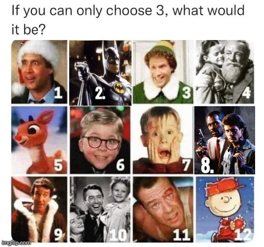 Pick 3 Christmas movies | 2. 8. | image tagged in christmas | made w/ Imgflip meme maker