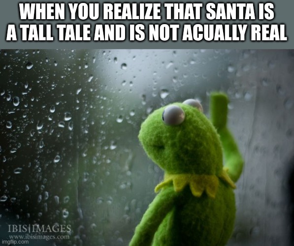 kermit window | WHEN YOU REALIZE THAT SANTA IS A TALL TALE AND IS NOT ACUALLY REAL | image tagged in kermit window | made w/ Imgflip meme maker