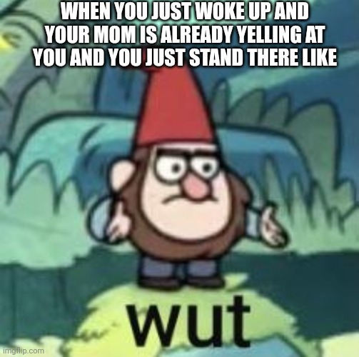 I just woke up, calm down | WHEN YOU JUST WOKE UP AND YOUR MOM IS ALREADY YELLING AT YOU AND YOU JUST STAND THERE LIKE | image tagged in wut gnome | made w/ Imgflip meme maker