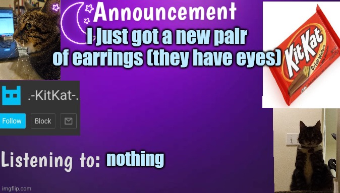 Kitty's announcment temp V3 | I just got а new pair of earrings (they have eyes); nothing | image tagged in kitty's announcment temp v3 | made w/ Imgflip meme maker