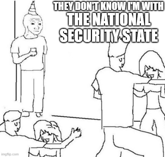 The National Security State | THEY DON'T KNOW I'M WITH; THE NATIONAL SECURITY STATE | image tagged in party loner | made w/ Imgflip meme maker