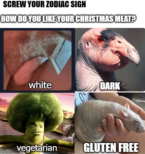 on a plate would be nice | SCREW YOUR ZODIAC SIGN; HOW DO YOU LIKE YOUR CHRISTMAS MEAT? white; DARK; GLUTEN FREE; vegetarian | image tagged in tag | made w/ Imgflip meme maker