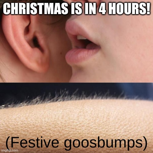 asdfghjkl; | CHRISTMAS IS IN 4 HOURS! (Festive goosbumps) | image tagged in whisper and goosebumps | made w/ Imgflip meme maker