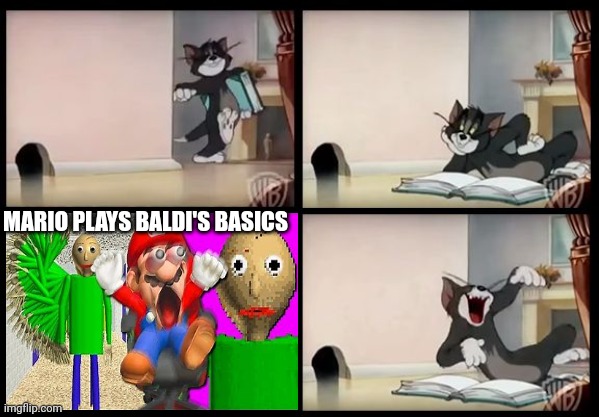 Tom reacts to Mario plays baldi's basics | MARIO PLAYS BALDI'S BASICS | image tagged in tom and jerry book,smg4,baldi's basics,baldi,memes,mario | made w/ Imgflip meme maker