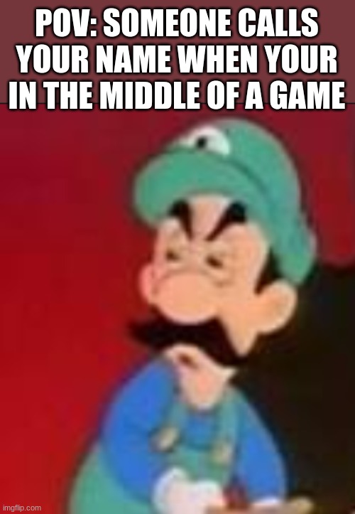 mamma luigi reaction | POV: SOMEONE CALLS YOUR NAME WHEN YOUR IN THE MIDDLE OF A GAME | image tagged in mamma luigi reaction | made w/ Imgflip meme maker