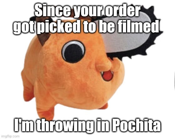 DKOldies be like: | Since your order got picked to be filmed; I'm throwing in Pochita | image tagged in pochita plush | made w/ Imgflip meme maker