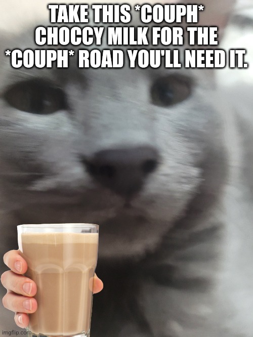 Caaaat | TAKE THIS *COUPH* CHOCCY MILK FOR THE *COUPH* ROAD YOU'LL NEED IT. | image tagged in have some choccy milk | made w/ Imgflip meme maker