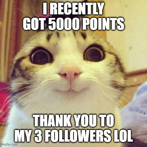 late celebration | I RECENTLY GOT 5000 POINTS; THANK YOU TO MY 3 FOLLOWERS LOL | image tagged in memes,smiling cat,5000 points | made w/ Imgflip meme maker
