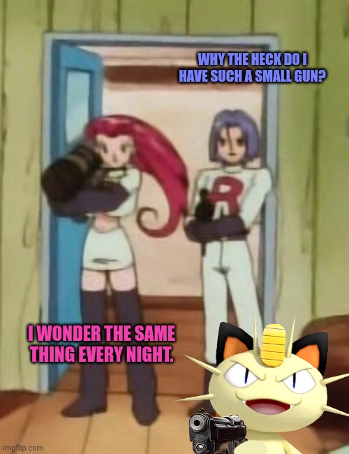 Vote meowth | WHY THE HECK DO I HAVE SUCH A SMALL GUN? I WONDER THE SAME THING EVERY NIGHT. | image tagged in just do it,meowth party,that's what she said,lock and load | made w/ Imgflip meme maker
