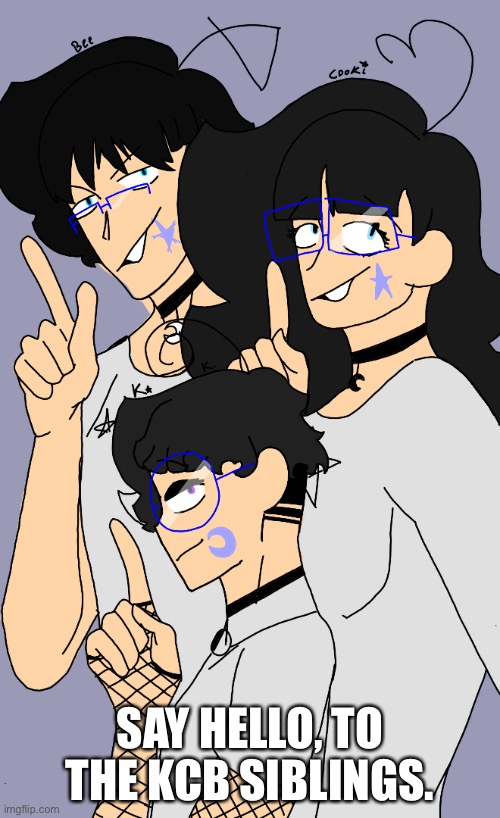 Hey! These are my OCs, they each have an initial in my username! It’s all youngest to oldest! | SAY HELLO, TO THE KCB SIBLINGS. | made w/ Imgflip meme maker