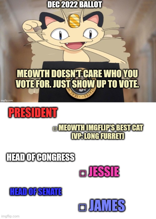 Sample Meowth Party ballot | MEOWTH DOESN'T CARE WHO YOU VOTE FOR. JUST SHOW UP TO VOTE. □ MEOWTH IMGFLIP'S BEST CAT
[VP: LONG FURRET] □ JESSIE □ JAMES DEC 2022 BALLOT P | image tagged in meowth party,blank white template,vote,meowth,ballot | made w/ Imgflip meme maker