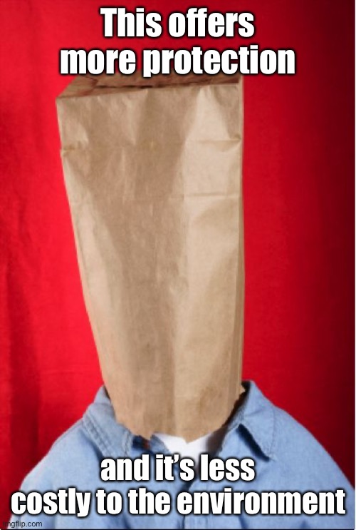 bag over head | This offers more protection and it’s less costly to the environment | image tagged in bag over head | made w/ Imgflip meme maker