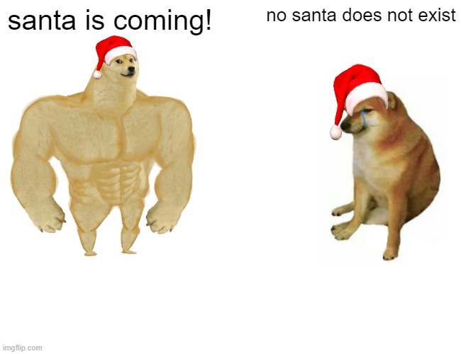 merry christmas | santa is coming! no santa does not exist | image tagged in memes,buff doge vs cheems | made w/ Imgflip meme maker