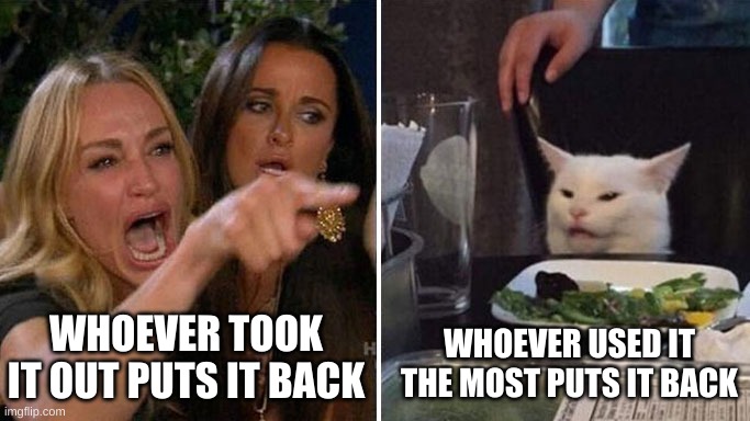 Angry lady cat | WHOEVER TOOK IT OUT PUTS IT BACK; WHOEVER USED IT THE MOST PUTS IT BACK | image tagged in angry lady cat | made w/ Imgflip meme maker