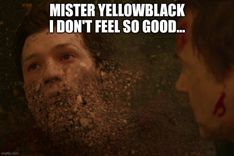 Spiderman getting Thanos snapped | MISTER YELLOWBLACK I DON'T FEEL SO GOOD... | image tagged in spiderman getting thanos snapped | made w/ Imgflip meme maker