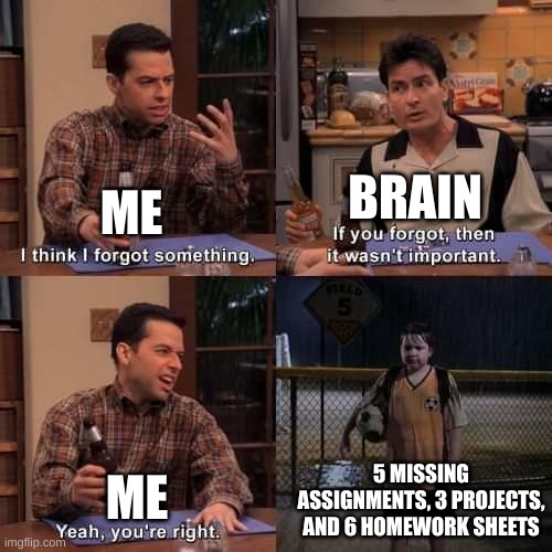 I think I forgot something | BRAIN; ME; 5 MISSING ASSIGNMENTS, 3 PROJECTS, AND 6 HOMEWORK SHEETS; ME | image tagged in i think i forgot something | made w/ Imgflip meme maker