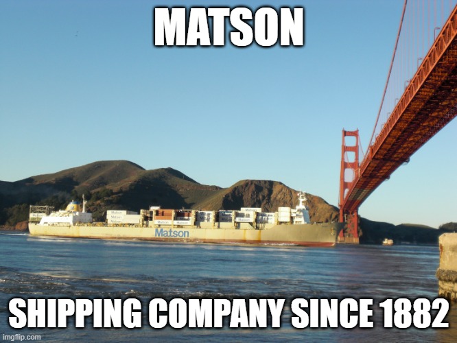 When you're a shipping corporation for Maston, Inc. in 1882 | MATSON; SHIPPING COMPANY SINCE 1882 | image tagged in memes,funny | made w/ Imgflip meme maker