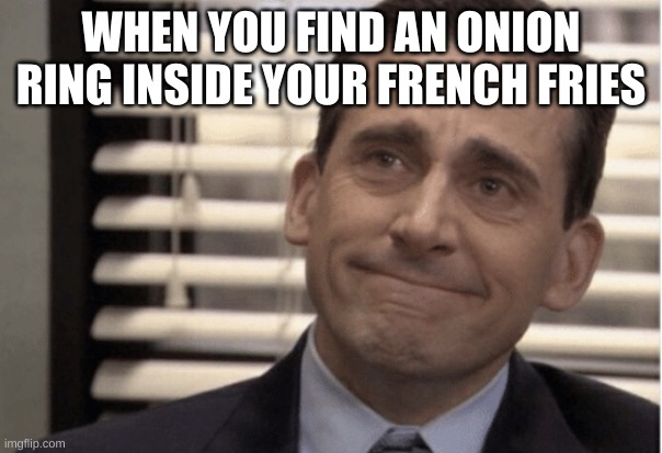 Proudness | WHEN YOU FIND AN ONION RING INSIDE YOUR FRENCH FRIES | image tagged in proudness | made w/ Imgflip meme maker