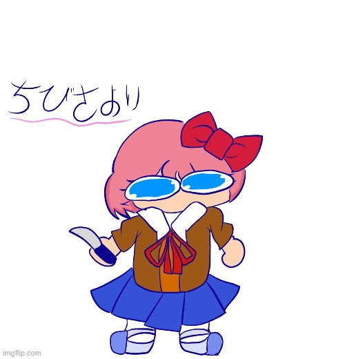 Next is Monika | image tagged in chibi,sayori,with,knife | made w/ Imgflip meme maker