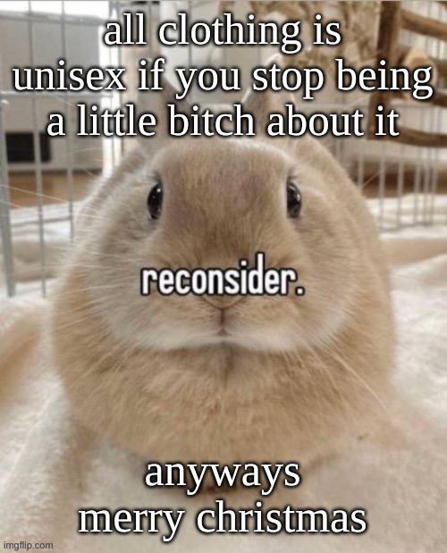 reconsider | all clothing is unisex if you stop being a little bitch about it; anyways merry christmas | image tagged in reconsider | made w/ Imgflip meme maker