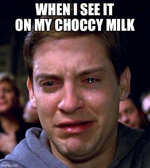 crying peter parker | WHEN I SEE IT ON MY CHOCCY MILK | image tagged in crying peter parker | made w/ Imgflip meme maker