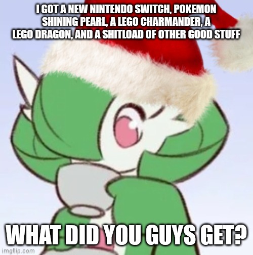 GardiClaus Sipping Tea | I GOT A NEW NINTENDO SWITCH, POKEMON SHINING PEARL, A LEGO CHARMANDER, A LEGO DRAGON, AND A SHITLOAD OF OTHER GOOD STUFF; WHAT DID YOU GUYS GET? | image tagged in gardiclaus sipping tea | made w/ Imgflip meme maker