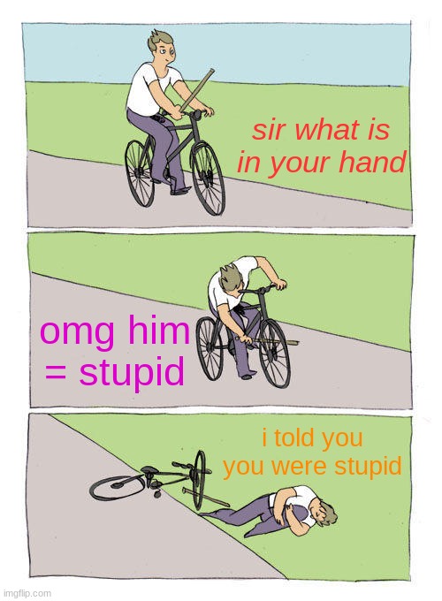 Bike Fall | sir what is in your hand; omg him = stupid; i told you you were stupid | image tagged in memes,bike fall | made w/ Imgflip meme maker