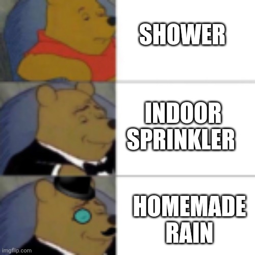 whinny getting fancier | SHOWER; INDOOR SPRINKLER; HOMEMADE RAIN | image tagged in whinny getting fancier | made w/ Imgflip meme maker