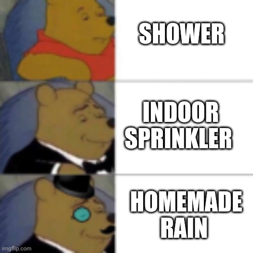 whinny getting fancier | SHOWER; INDOOR SPRINKLER; HOMEMADE RAIN | image tagged in whinny getting fancier | made w/ Imgflip meme maker