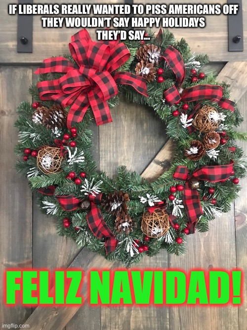 Merry Christmas! | IF LIBERALS REALLY WANTED TO PISS AMERICANS OFF
THEY WOULDN’T SAY HAPPY HOLIDAYS
THEY’D SAY…; FELIZ NAVIDAD! | image tagged in feliz navidad,christmas,liberals,comservatives,mexicans,americans | made w/ Imgflip meme maker