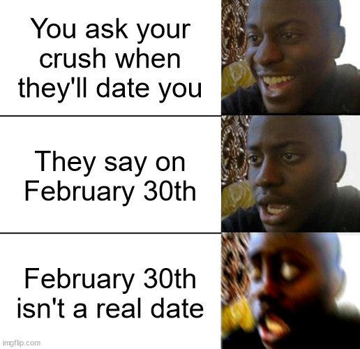 Disappointed Guy (3 Panels) | You ask your crush when they'll date you; They say on February 30th; February 30th isn't a real date | image tagged in disappointed guy 3 panels,disappointed black guy | made w/ Imgflip meme maker