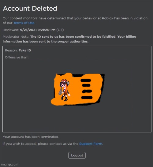 I n k l i n g | image tagged in banned from roblox fake id | made w/ Imgflip meme maker