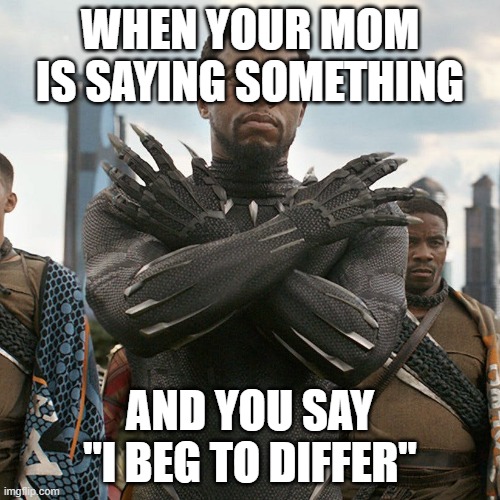Wakanda Forever | WHEN YOUR MOM IS SAYING SOMETHING; AND YOU SAY "I BEG TO DIFFER" | image tagged in wakanda forever | made w/ Imgflip meme maker