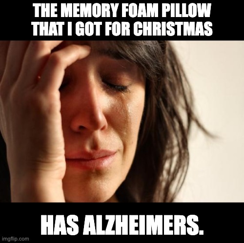 Memory | THE MEMORY FOAM PILLOW THAT I GOT FOR CHRISTMAS; HAS ALZHEIMERS. | image tagged in memes,first world problems | made w/ Imgflip meme maker