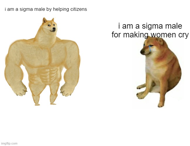 Buff Doge vs. Cheems Meme | i am a sigma male by helping citizens; i am a sigma male for making women cry | image tagged in memes,buff doge vs cheems | made w/ Imgflip meme maker