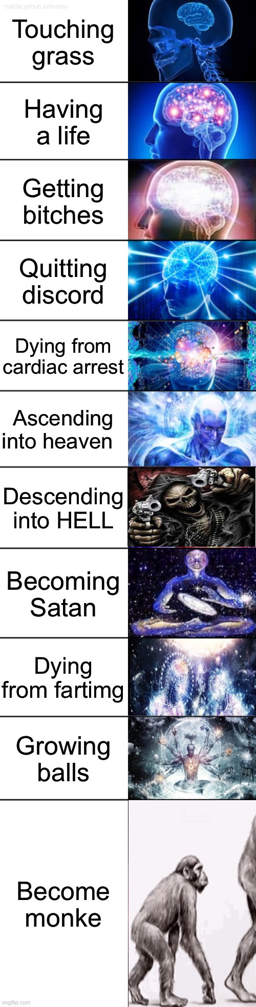 Life of a former discord mod | Touching grass; Having a life; Getting bitches; Quitting discord; Dying from cardiac arrest; Ascending into heaven; Descending into HELL; Becoming Satan; Dying from farting; Growing balls; Become monke | image tagged in 11-tier expanding brain,discord moderator,hell | made w/ Imgflip meme maker