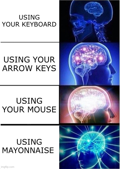 I personally use WASD (comment below your proffered controls) | USING YOUR KEYBOARD; USING YOUR ARROW KEYS; USING YOUR MOUSE; USING MAYONNAISE | image tagged in memes,expanding brain,computer | made w/ Imgflip meme maker