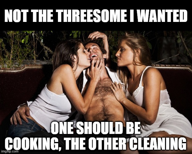 Dark Threesome | NOT THE THREESOME I WANTED; ONE SHOULD BE COOKING, THE OTHER CLEANING | image tagged in threesome | made w/ Imgflip meme maker