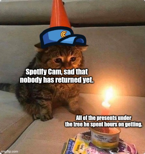 He's kinda heartbroken... | Spotify Cam, sad that nobody has returned yet. All of the presents under the tree he spent hours on getting. | image tagged in candle kitten | made w/ Imgflip meme maker