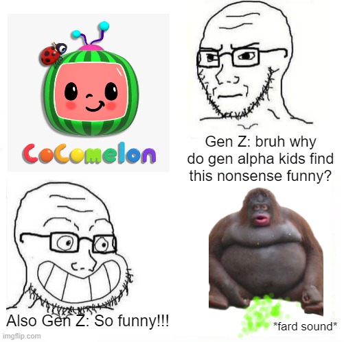 monke | Gen Z: bruh why do gen alpha kids find this nonsense funny? Also Gen Z: So funny!!! *fard sound* | image tagged in so true wojak,wojak,memes,cocomelon,gen z humor,i farted | made w/ Imgflip meme maker