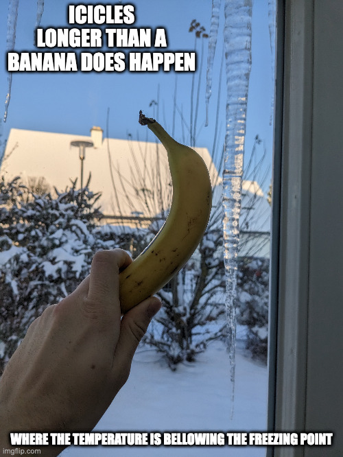 Icicle | ICICLES LONGER THAN A BANANA DOES HAPPEN; WHERE THE TEMPERATURE IS BELLOWING THE FREEZING POINT | image tagged in icicle,memes,winter | made w/ Imgflip meme maker