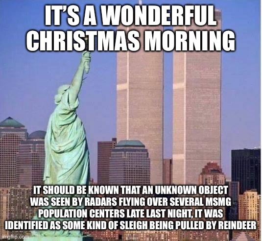 Twin towers | IT’S A WONDERFUL CHRISTMAS MORNING; IT SHOULD BE KNOWN THAT AN UNKNOWN OBJECT WAS SEEN BY RADARS FLYING OVER SEVERAL MSMG POPULATION CENTERS LATE LAST NIGHT, IT WAS IDENTIFIED AS SOME KIND OF SLEIGH BEING PULLED BY REINDEER | image tagged in twin towers | made w/ Imgflip meme maker